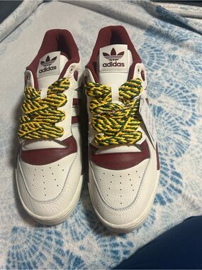 adidas White and Burgundy Leather Sneakers with Green-Yellow Rope Laces